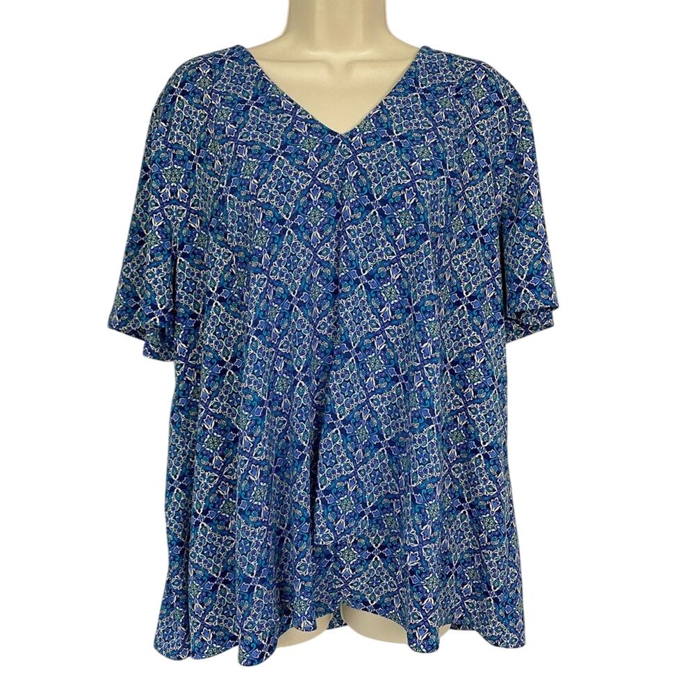 Chicos Top 3 Blue Boho Tile Print Flowy Draped Panel Front Lightweight 16 18‎ XL